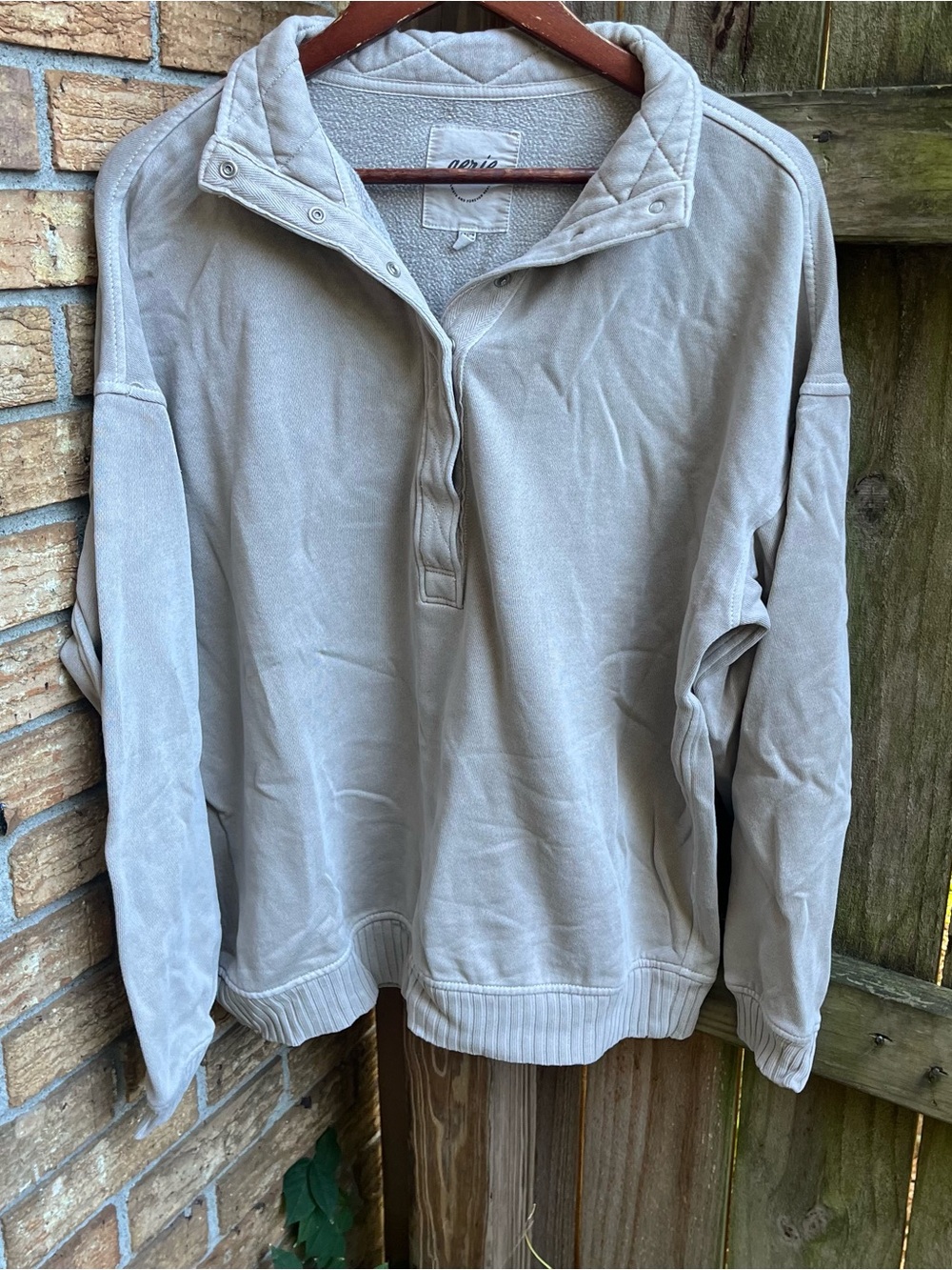 Aerie Oversized Light Taupe Quilted-Collar Snap Pullover Sweatshirt